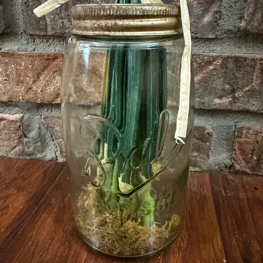 Faux Red Gerbera Daisy Floral Arrangement Vtg Glass Mason Jar Rustic Decor READ